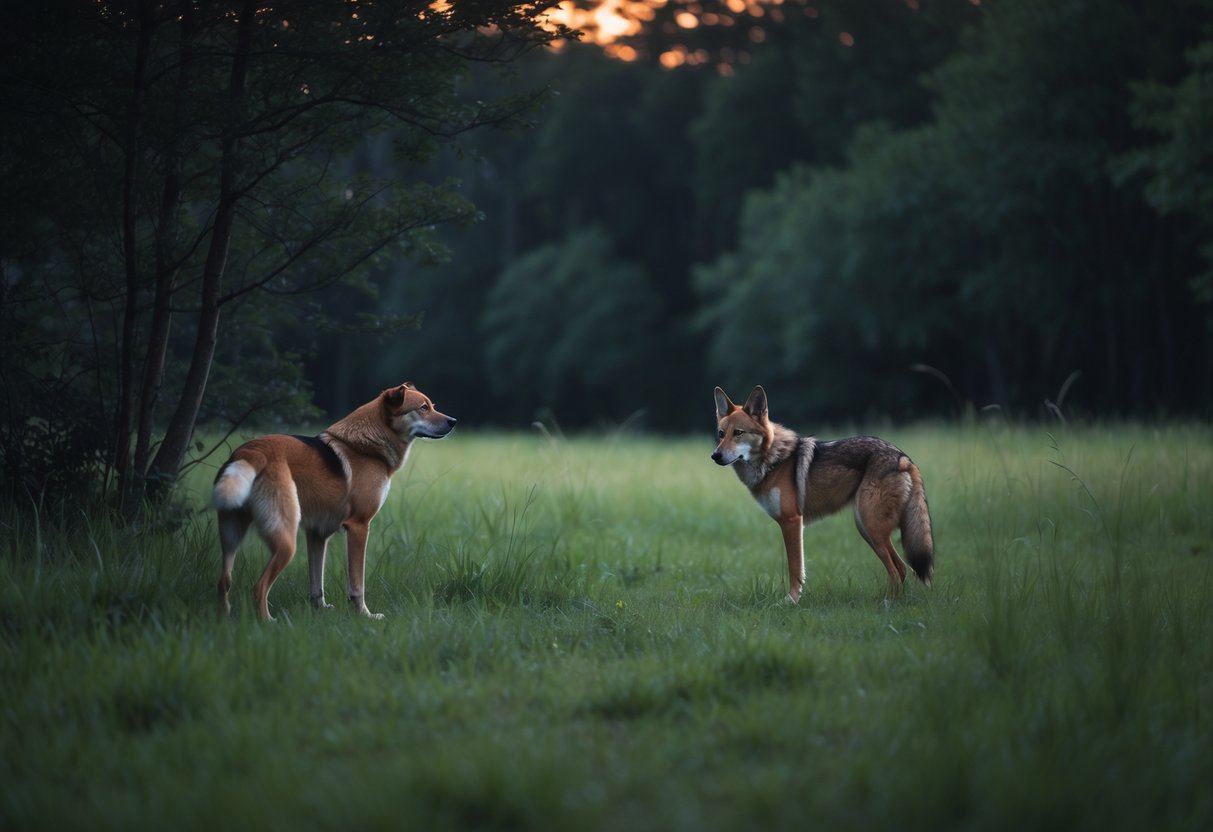 A dog standing in a grassy field looking towards a coyote partially hidden near the edge of a forest.