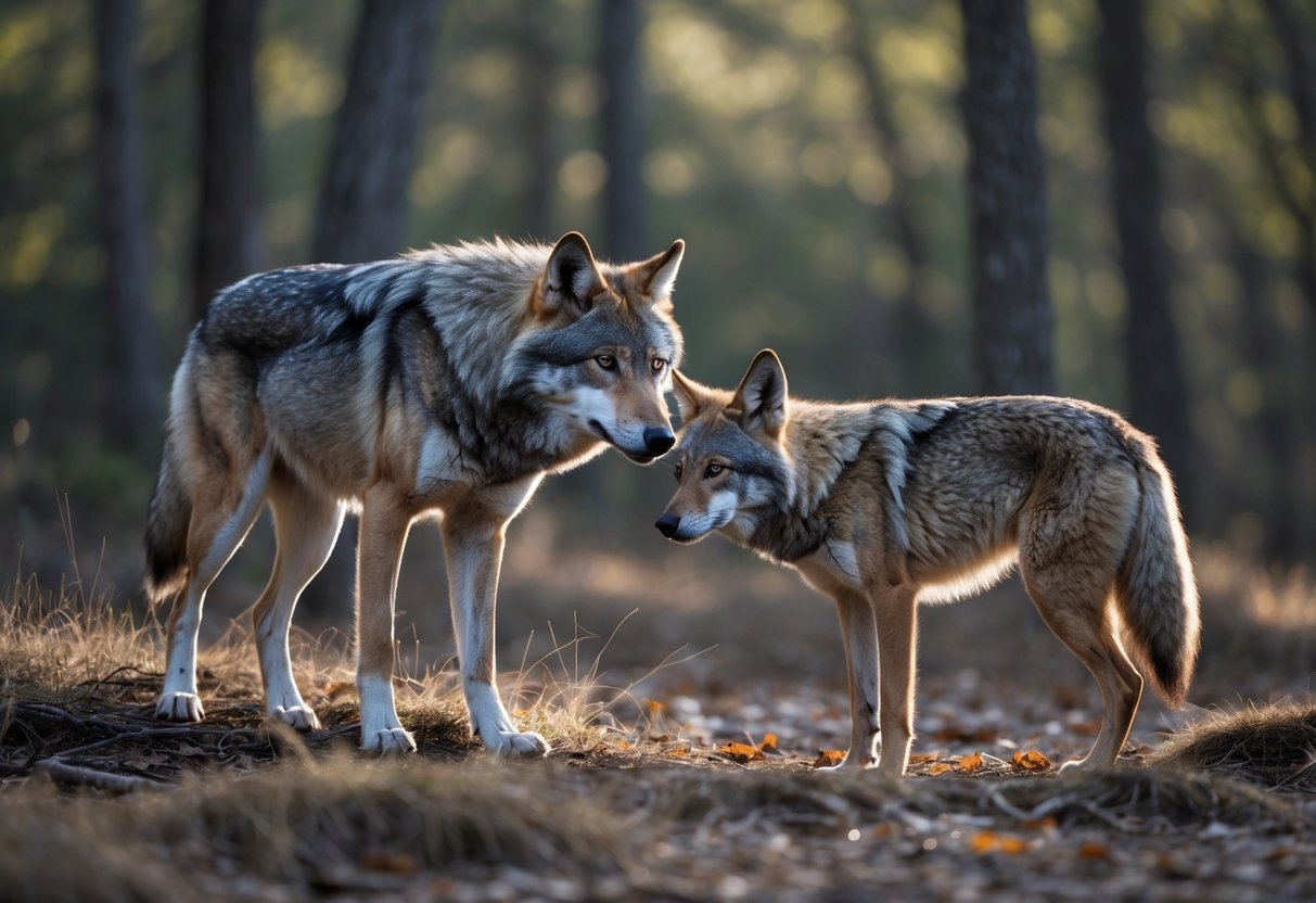 A wolf and a coyote face each other in a forest, both alert and cautious.