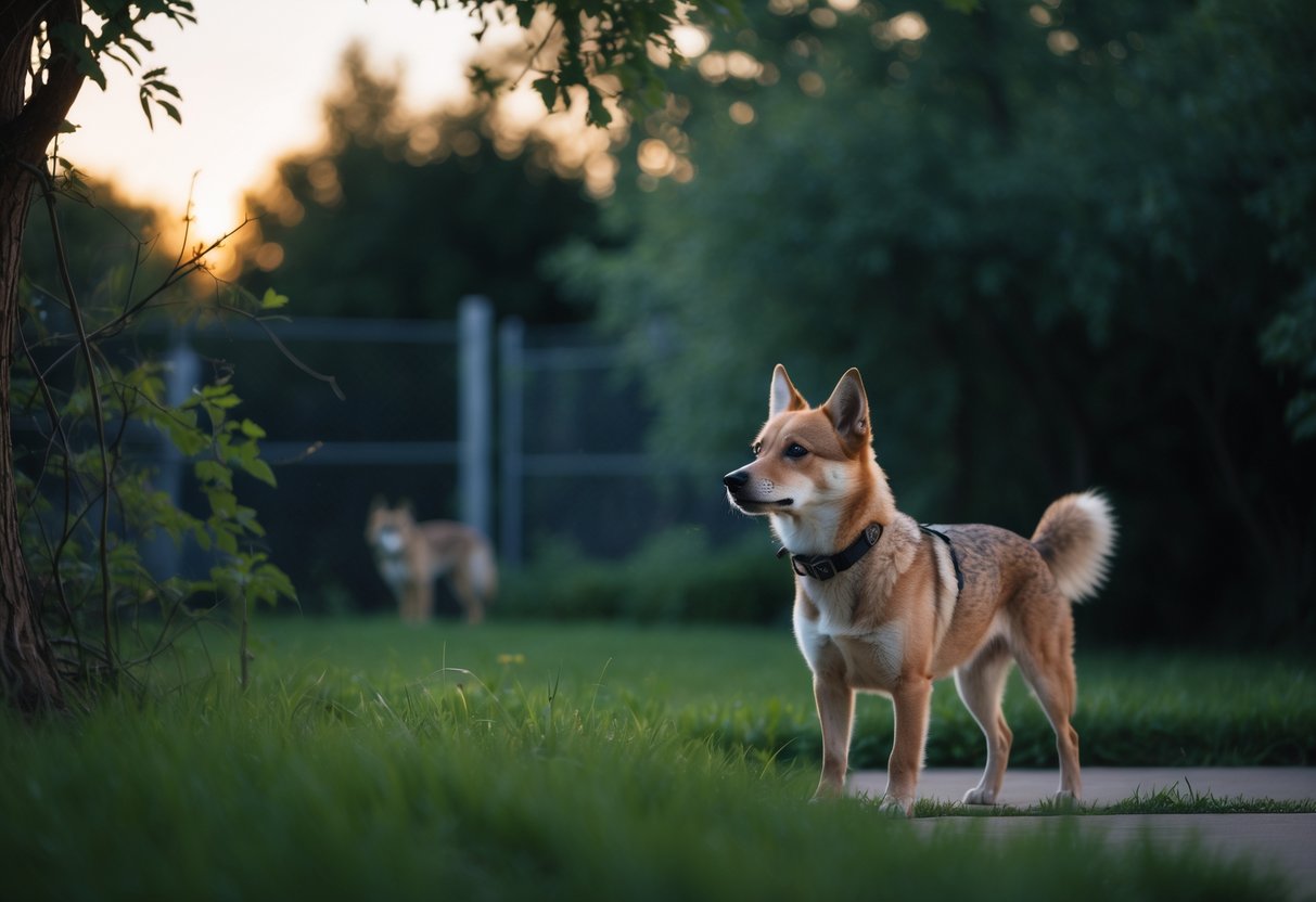 A dog standing alert in a backyard with a faint silhouette of a coyote in the background near trees.