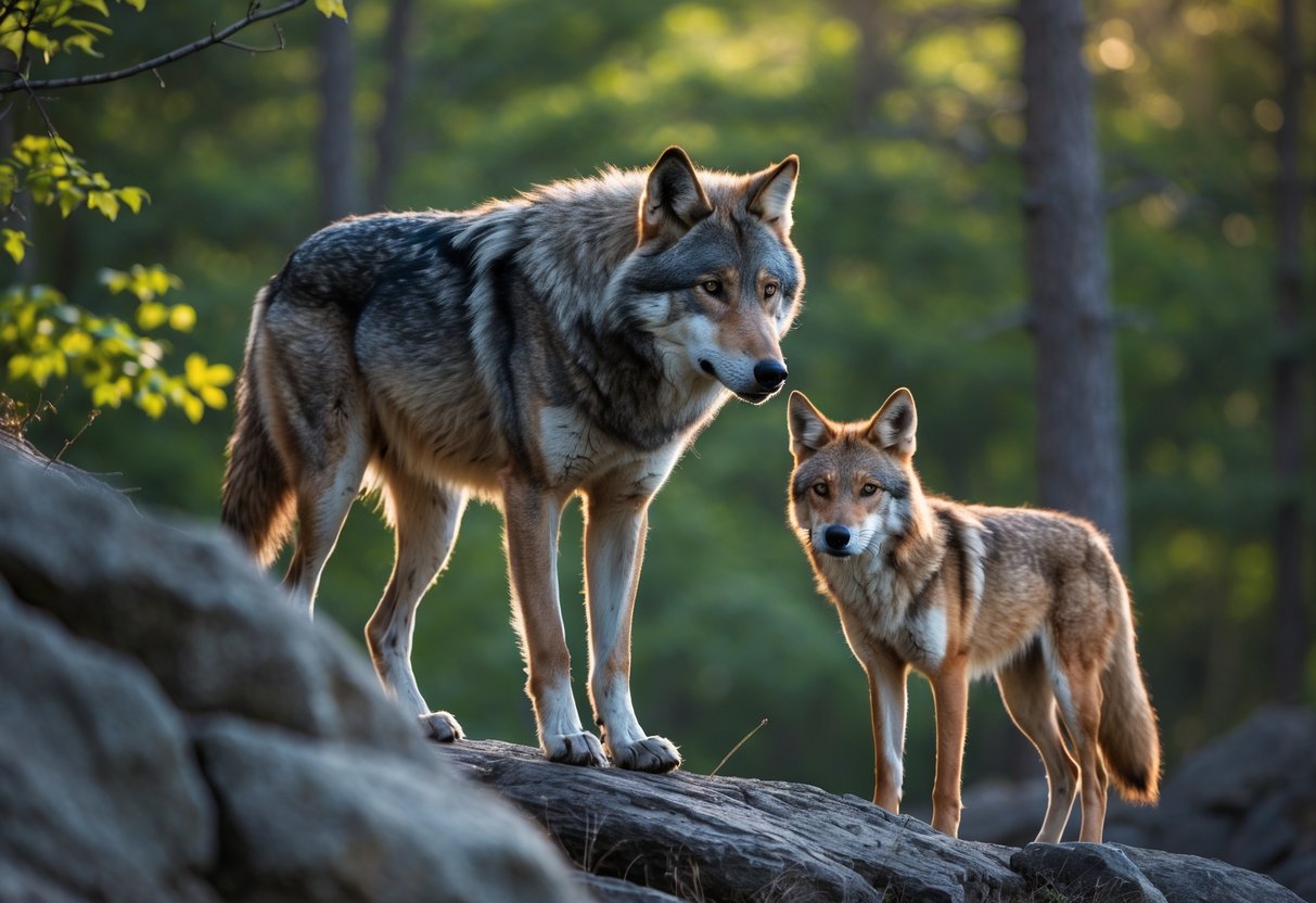 A gray wolf and a smaller coyote stand close to each other in a forest, both looking alert and calm.