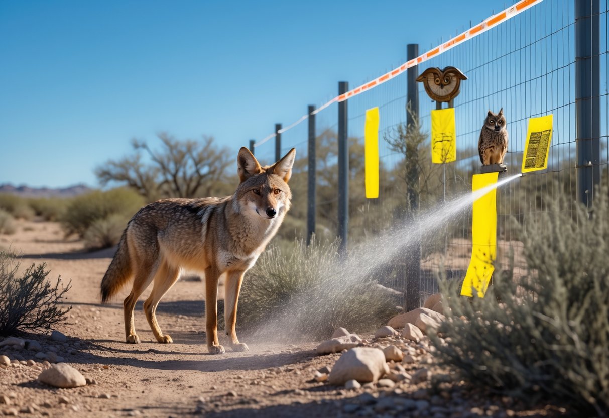 A coyote standing alert near a fence with deterrents like reflective tape and water sprinklers in a desert landscape.