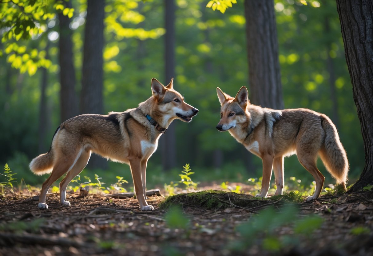 A dog stands facing a coyote in a forest clearing surrounded by trees and sunlight.