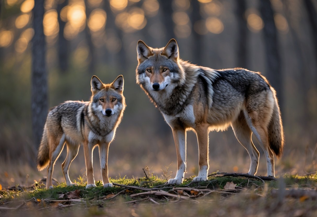 A coyote and a wolf standing close together in a forest with sunlight filtering through the trees.