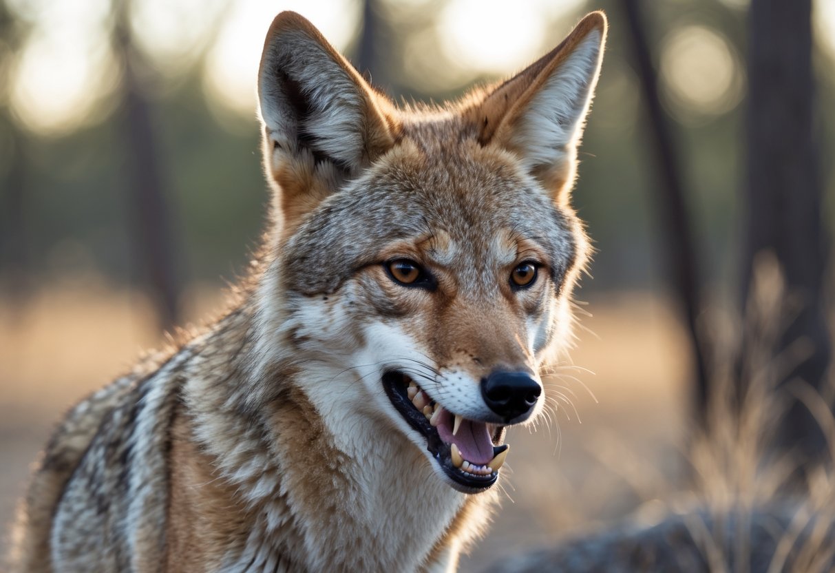 Close-up of a coyote with its mouth slightly open showing sharp teeth in a natural outdoor setting.