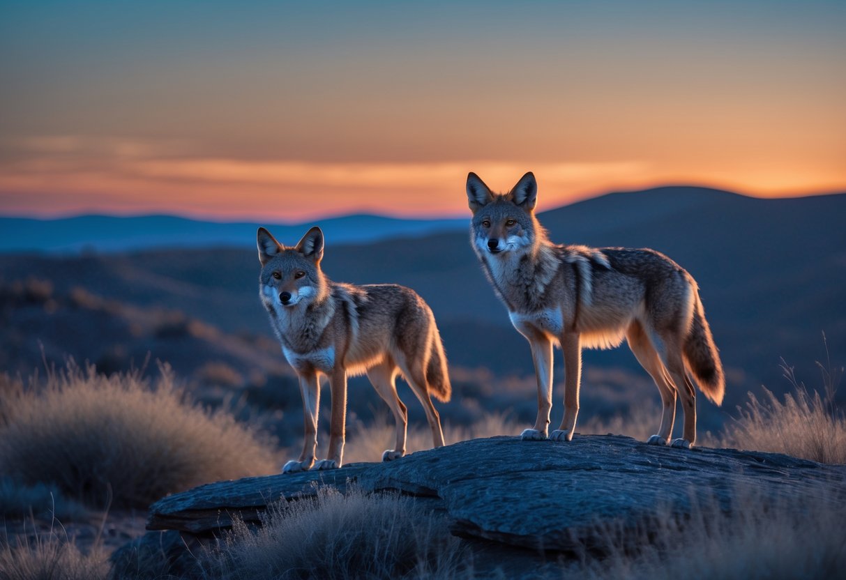 Two coyotes standing on rocky terrain at dusk with hills and vegetation in the background.