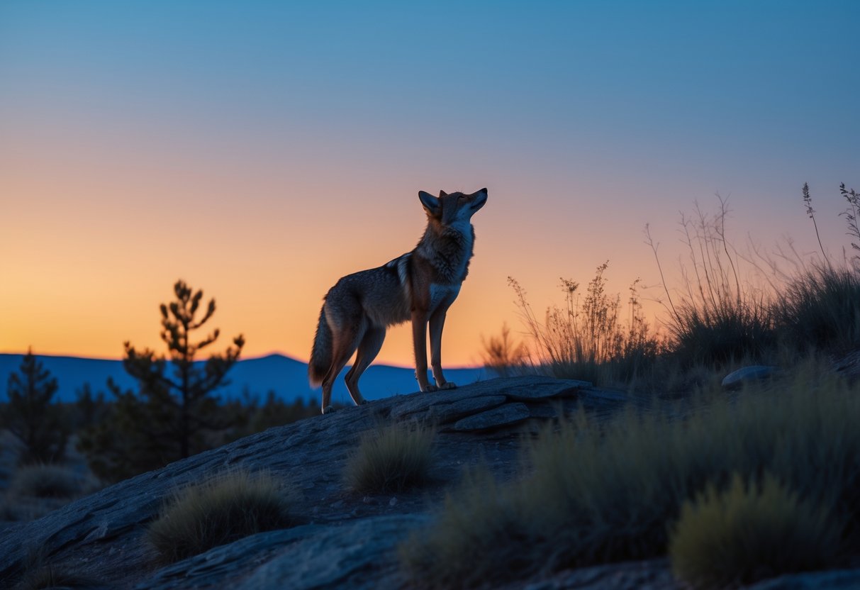 A lone coyote howling on a rocky hill at twilight in a natural wilderness setting.