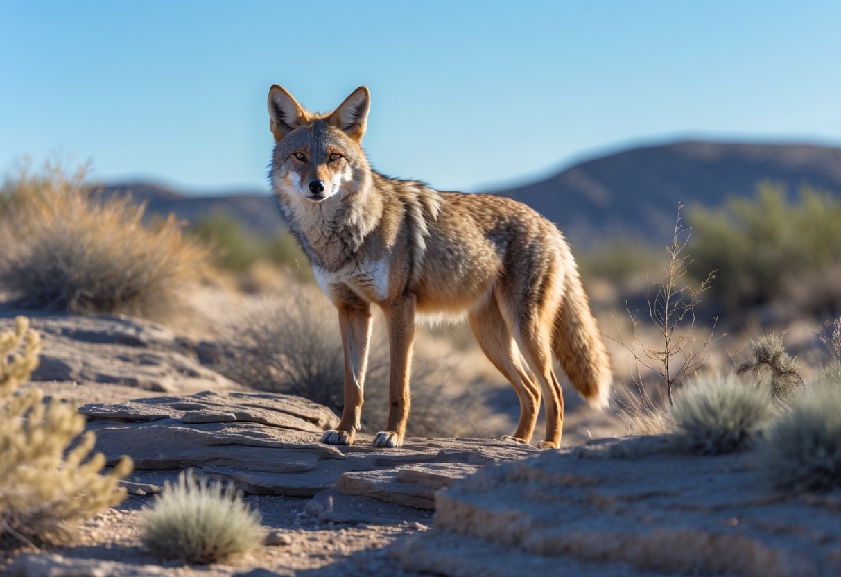 A coyote standing on rocky ground with dry vegetation under a clear blue sky.