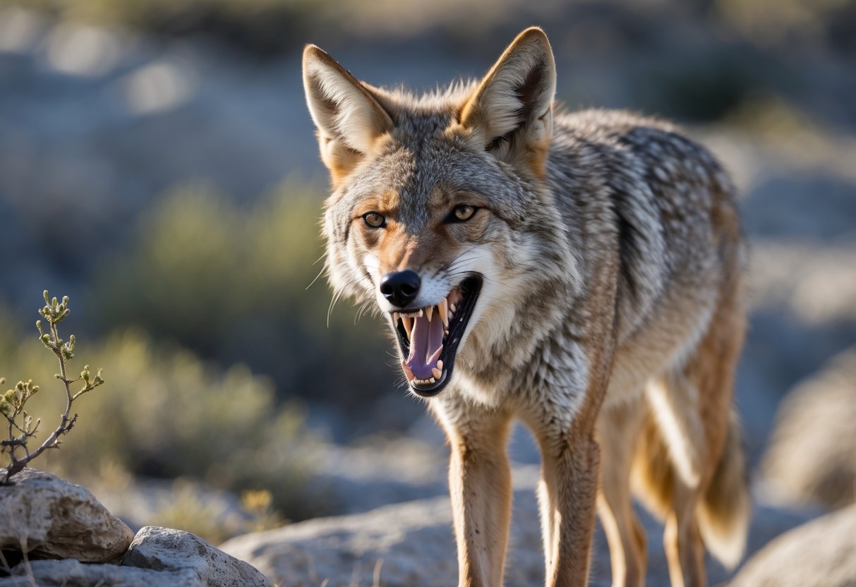 A coyote standing on rocky ground with its mouth open, showing its teeth and jaws.