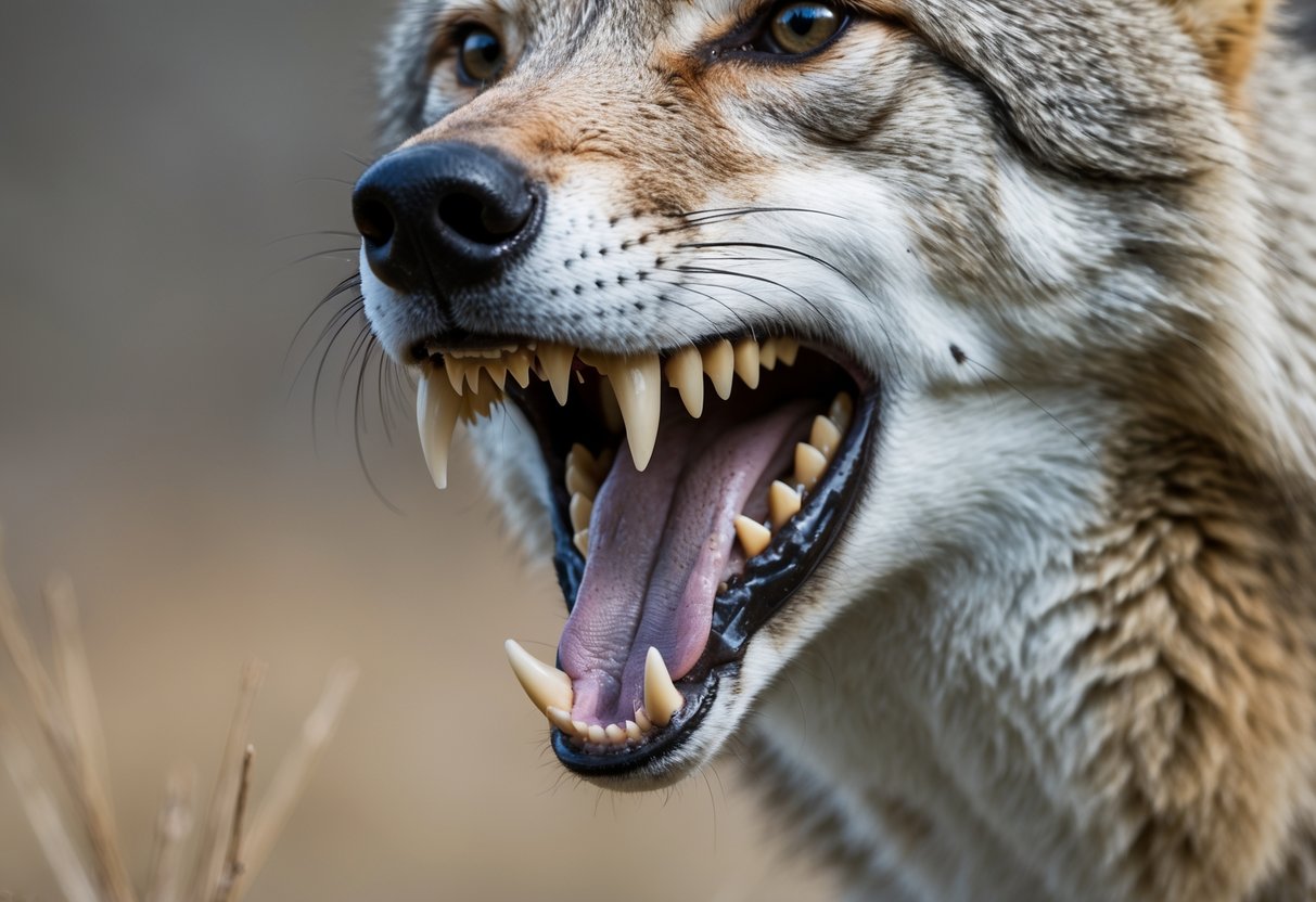Close-up of a coyote's open mouth showing its sharp teeth and jaw structure.