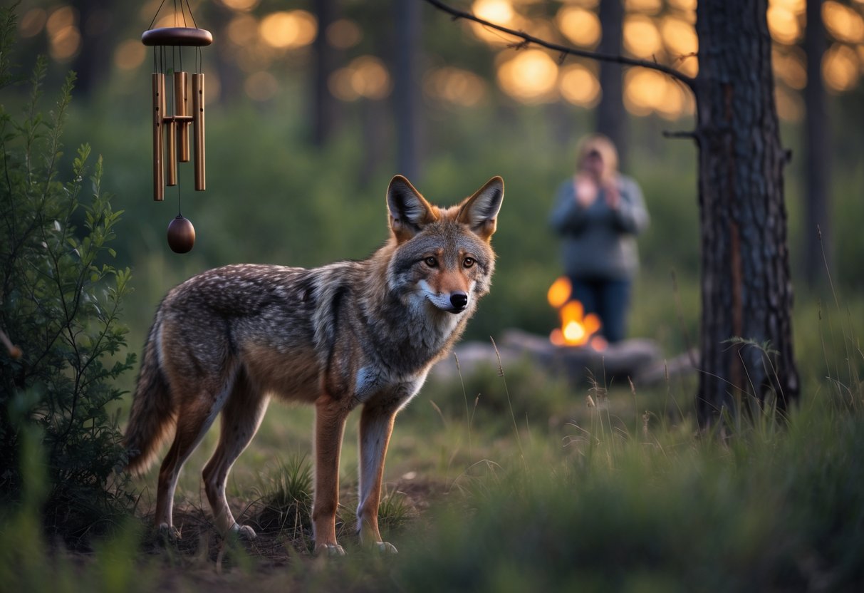 A cautious coyote standing alert in a forest clearing at dusk with wind chimes and a campfire in the background.