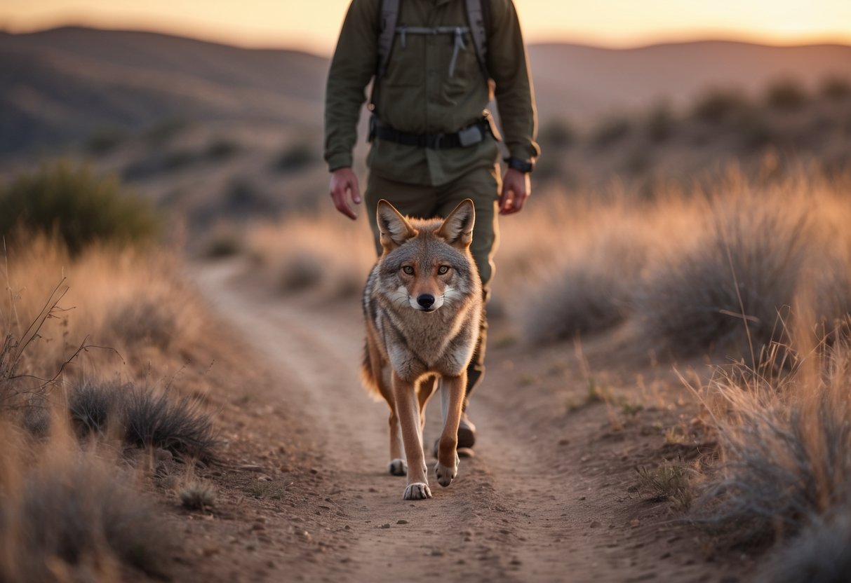 A person walking on a trail with a coyote following closely behind in a natural outdoor setting at sunset.