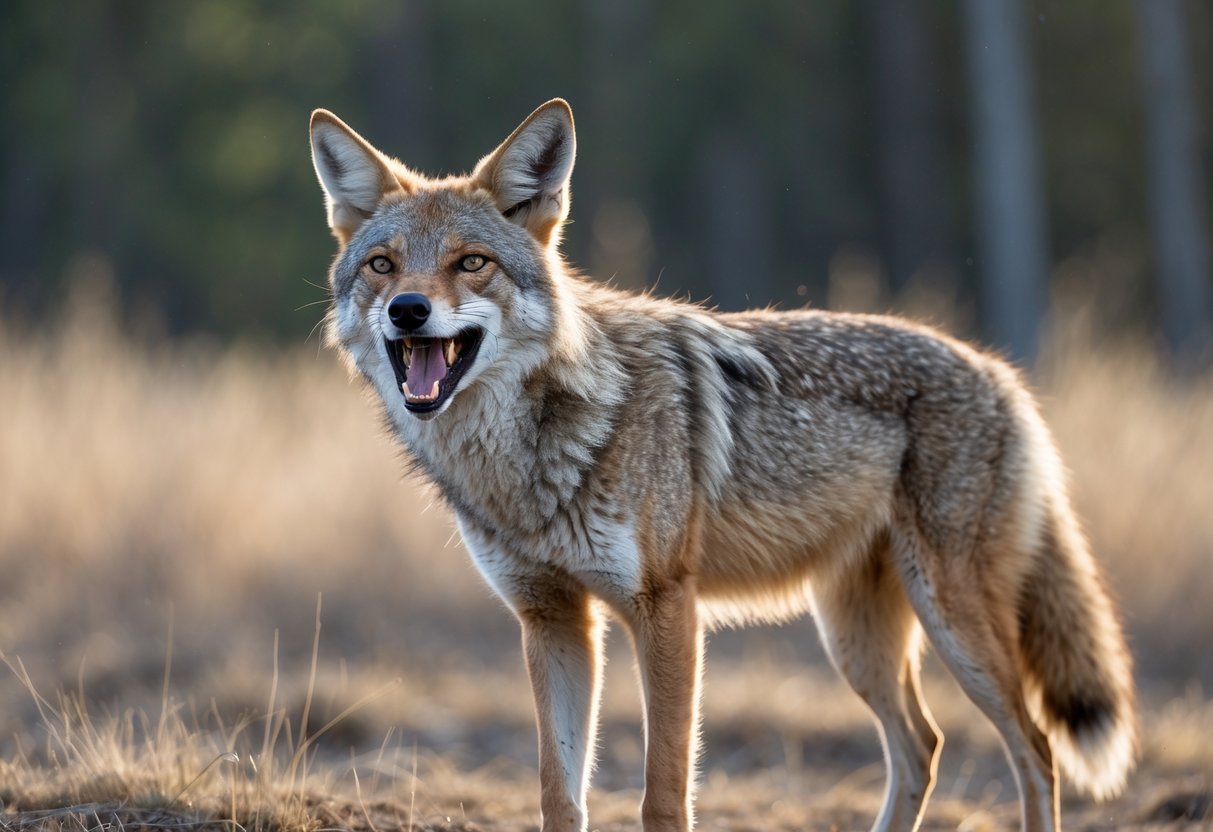 A wild coyote growling in a grassy outdoor area with a forest background.