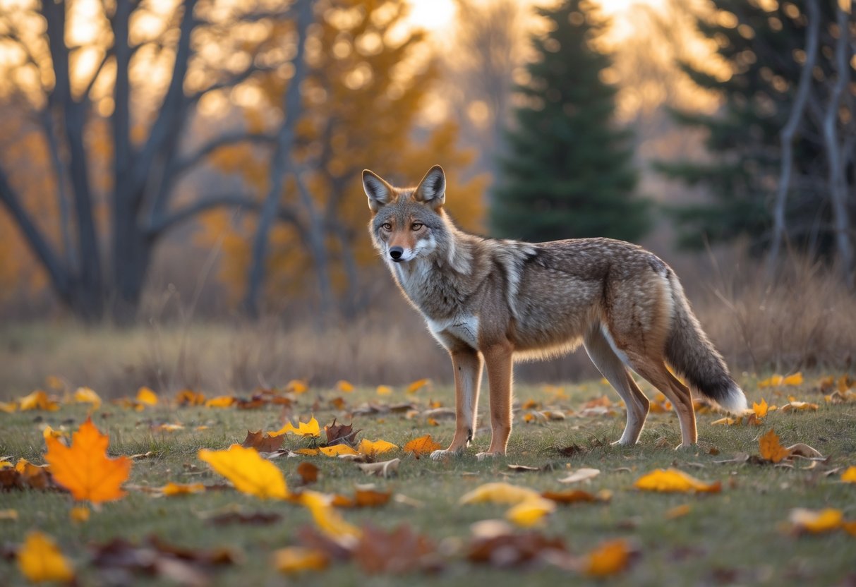 A coyote standing alert in a grassy field with fallen autumn leaves and trees in the background.