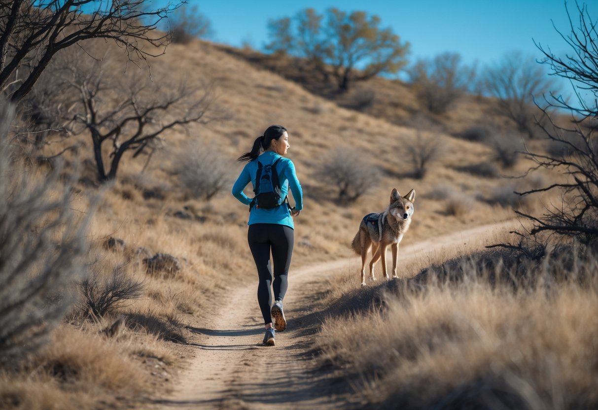 A person running on a trail in a natural area while a coyote watches from a nearby hill.