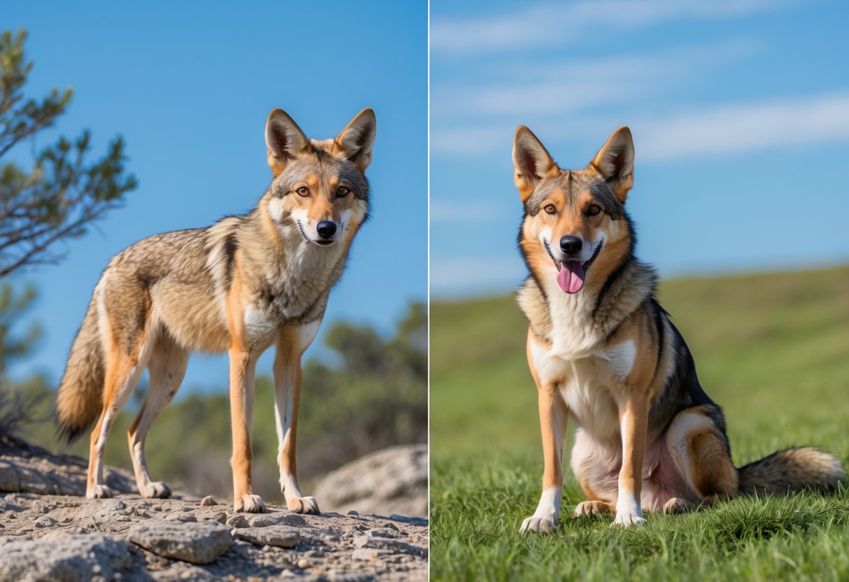 A coyote and a dog standing side by side outdoors, showing their different body shapes and features.