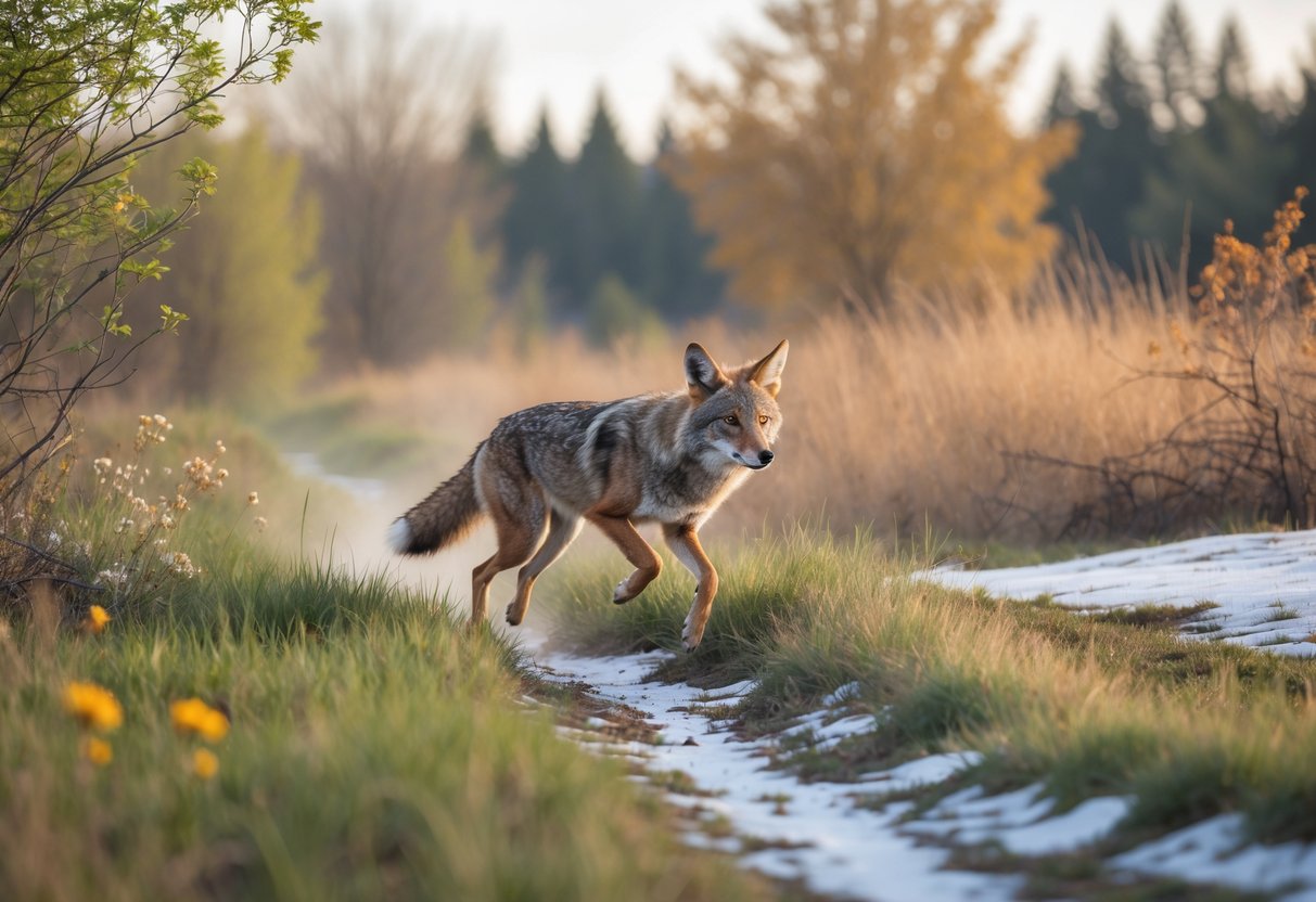 A coyote moving quietly through a natural landscape showing signs of spring, autumn, and winter seasons.