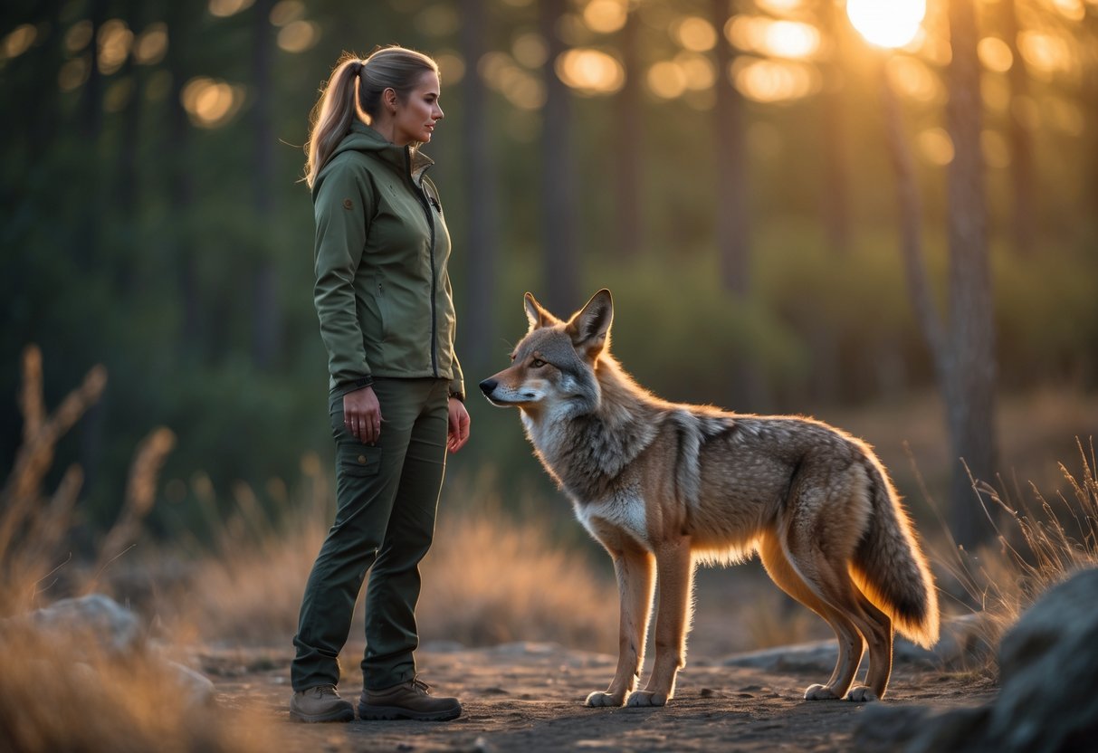 A person standing calmly facing a coyote in a forest clearing with sunlight filtering through the trees.