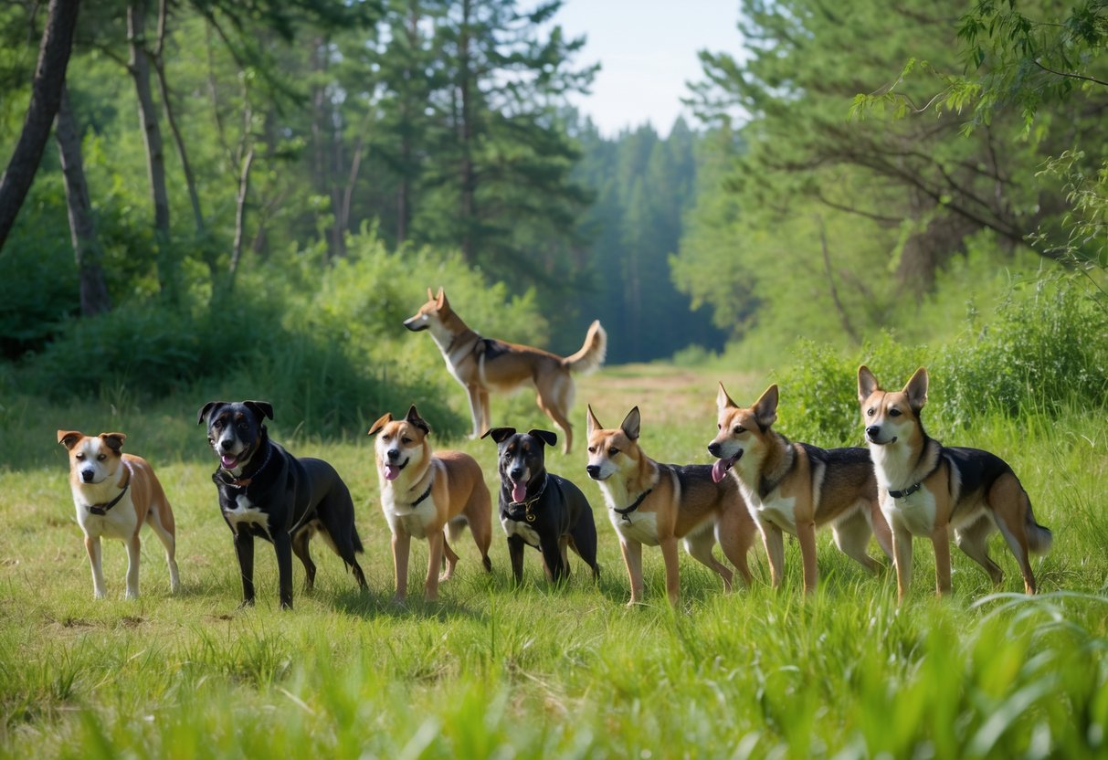 Several dogs on a grassy field alertly watching a coyote standing near the edge of a forest.