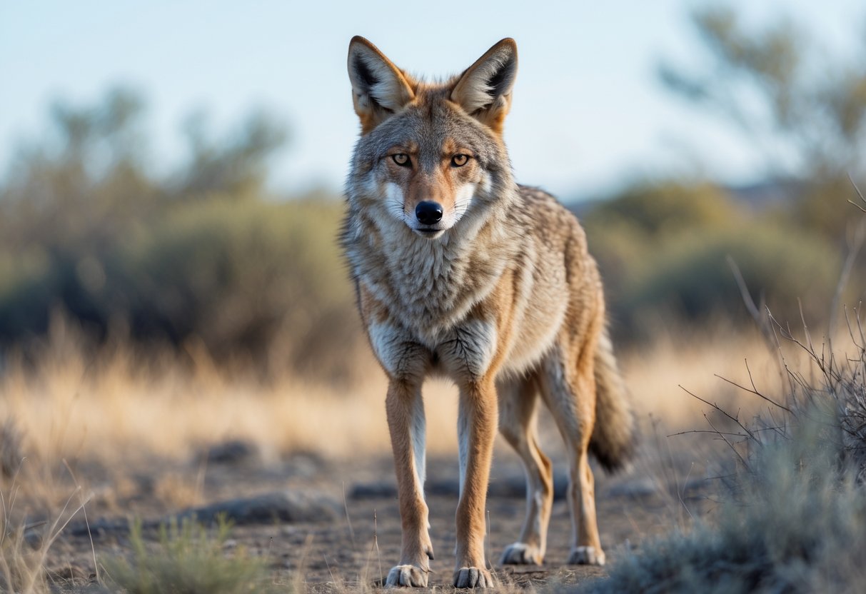 A wild coyote standing alert in a dry grassland with shrubs under a clear sky.
