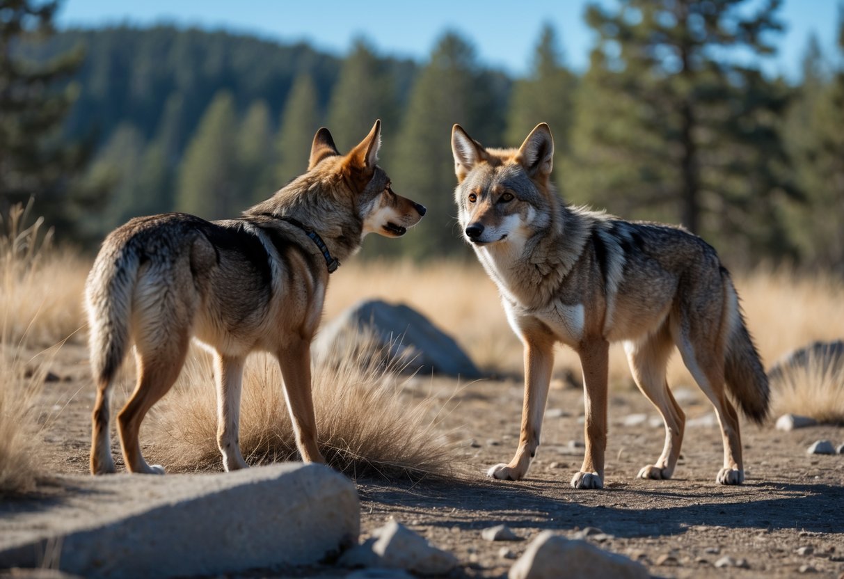 A wild coyote and a domestic dog face each other cautiously in a sunlit forest clearing.