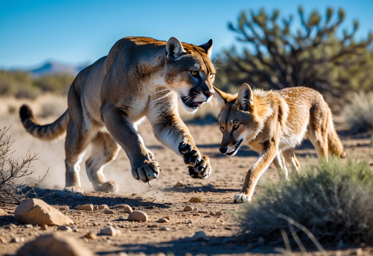 A mountain lion stalking a coyote in a dry desert landscape with rocks and shrubs.