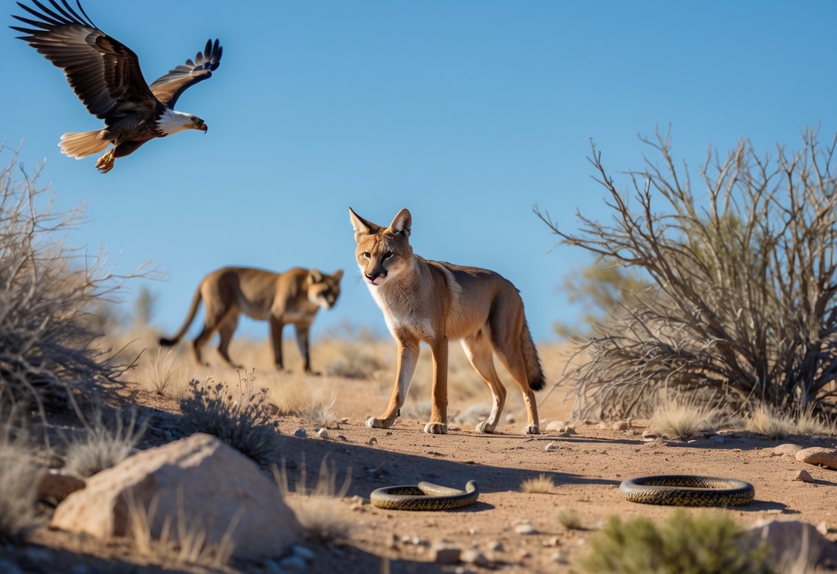A coyote standing alert in a dry grassland with an eagle flying above, a mountain lion hidden behind rocks, and a rattlesnake on the ground nearby.