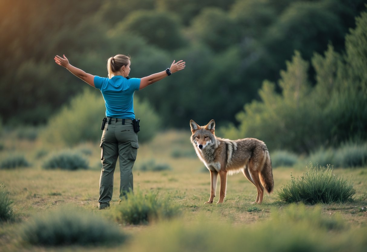 A person standing calmly facing a coyote at a safe distance in a natural outdoor setting.