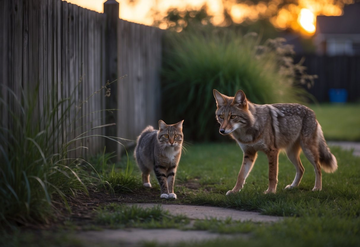 A coyote cautiously approaches an alert cat in a suburban backyard at dusk.