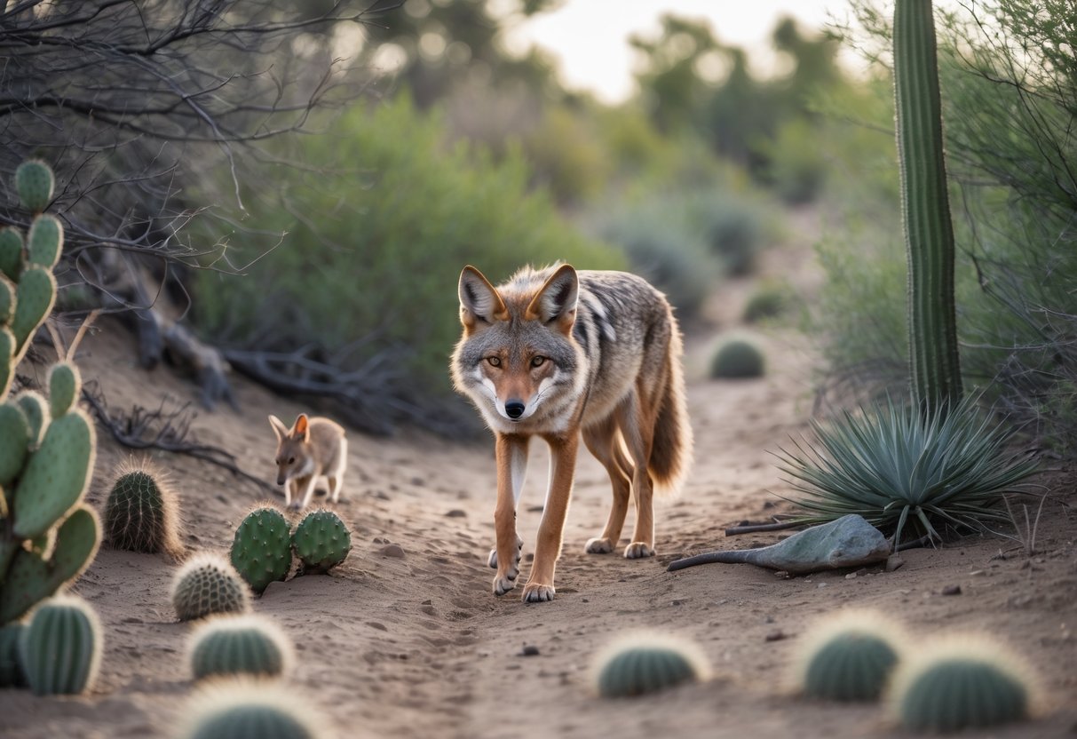 A coyote standing between a forest and a desert habitat, surrounded by small animals representing its diet.