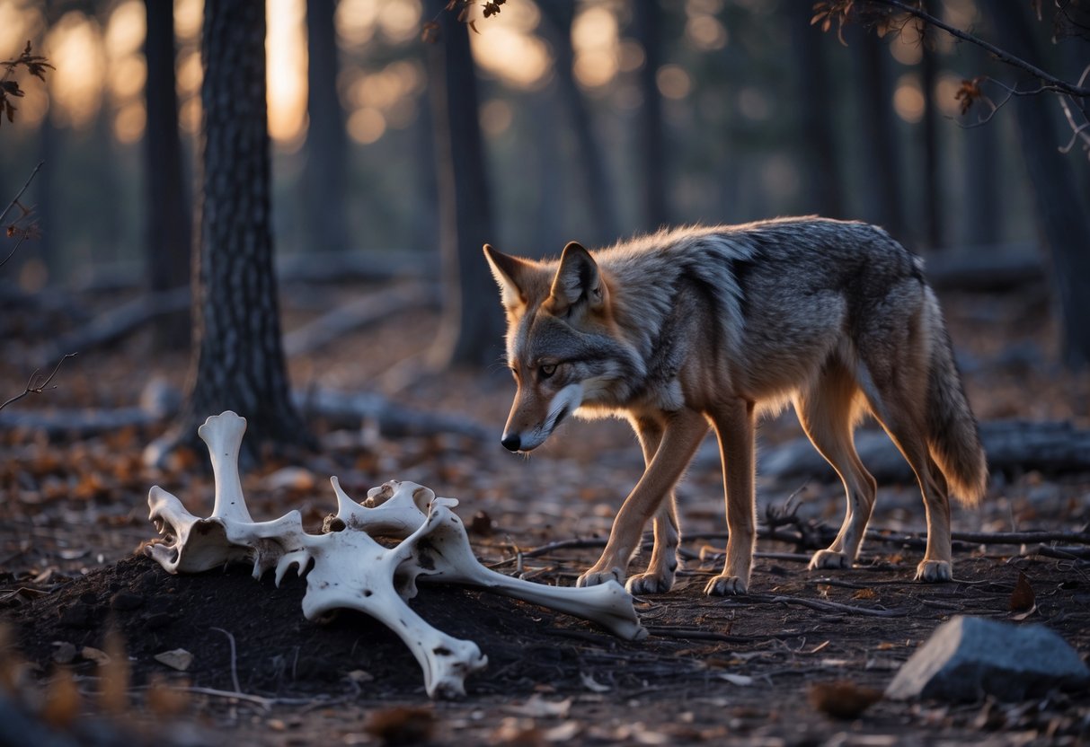 A coyote cautiously sniffing near animal bones in a forest clearing at dusk.