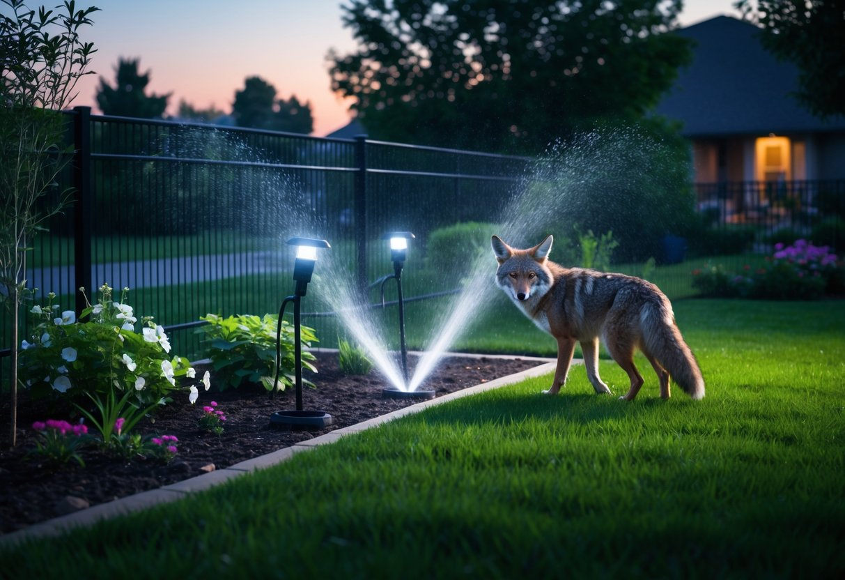 A coyote cautiously retreating from a backyard garden with sprinklers spraying water and bright lights on.