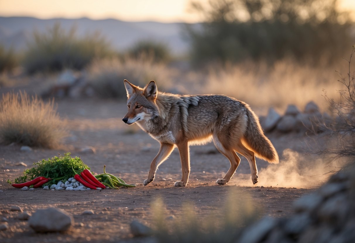 A cautious coyote walking through a dry landscape with plants and rocky terrain, looking alert and wary.
