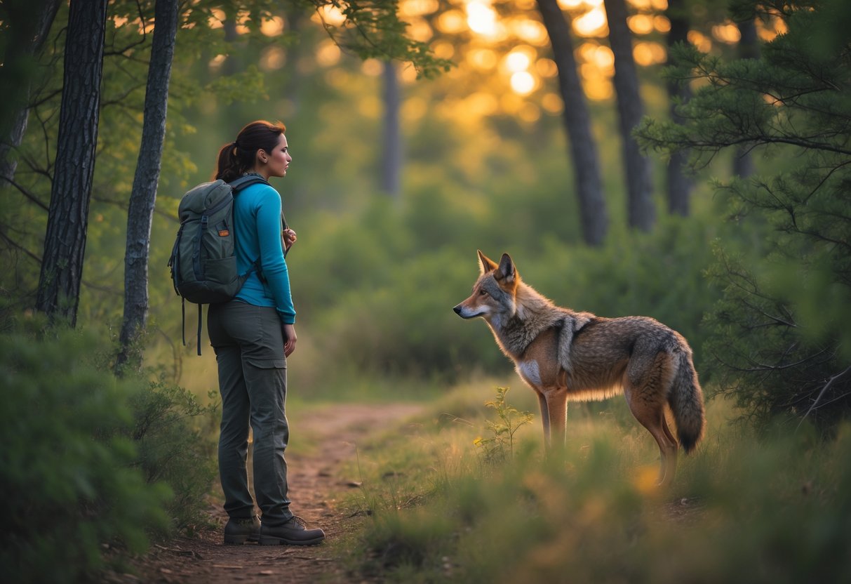 A person on a forest trail looking at a nearby coyote partially hidden behind bushes.