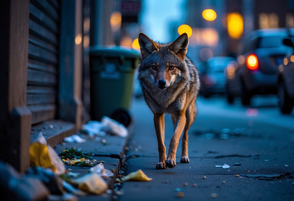 A coyote walking cautiously through a dimly lit city alley with trash bins and buildings in the background.