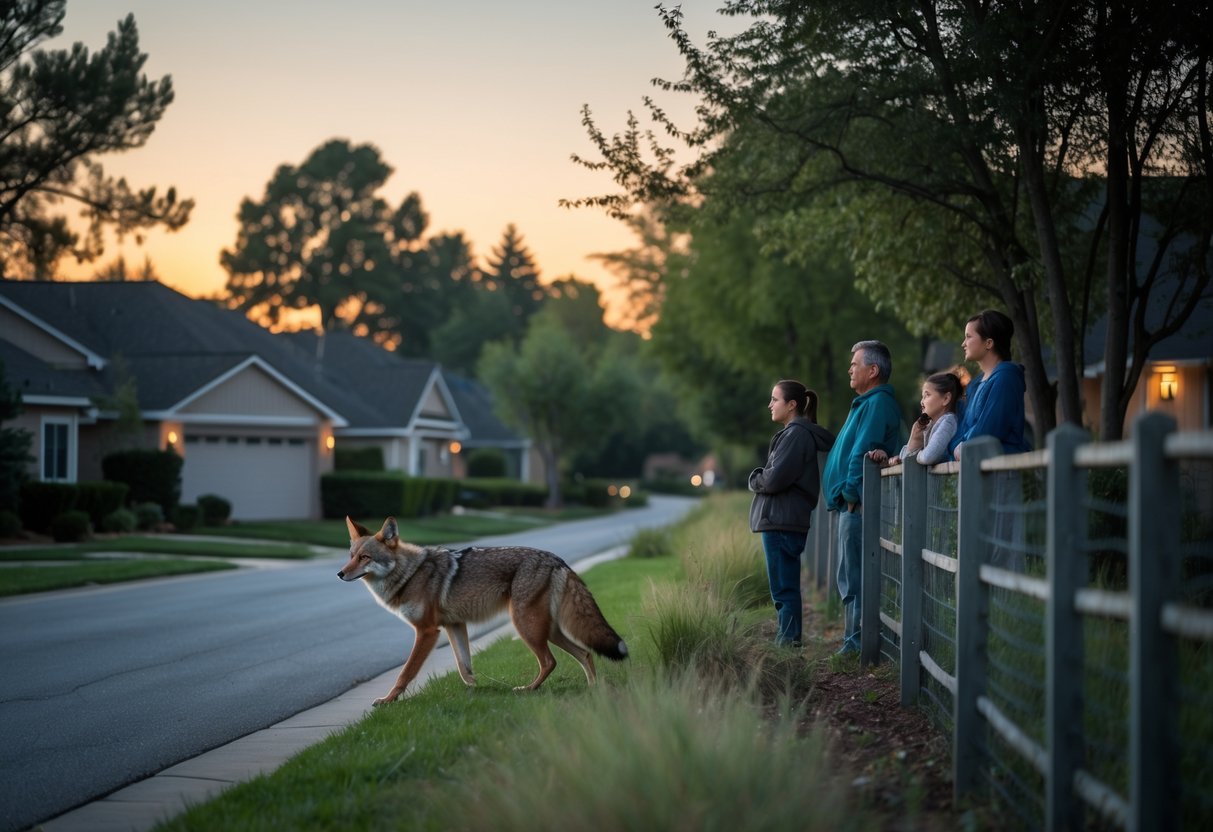 A coyote walking near a suburban neighborhood at dusk with a family watching safely from behind a fence.