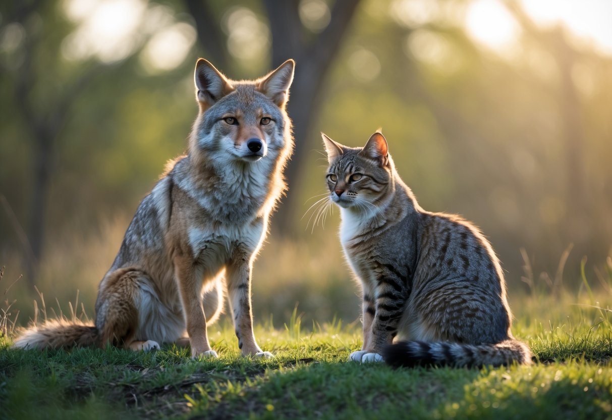A coyote and a cat sitting calmly together on grass in a peaceful outdoor setting.