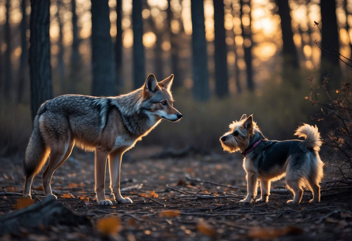 A coyote and a small dog face each other in a forest clearing at dusk.