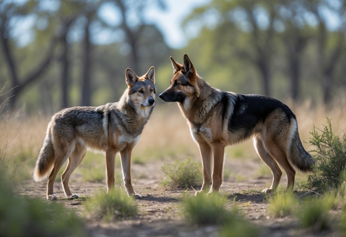 A coyote and a German Shepherd face each other in a sunlit forest clearing surrounded by grass and bushes.