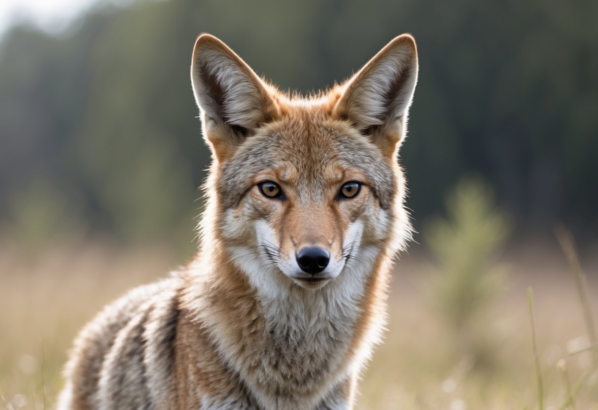 A close-up of a coyote standing in a natural outdoor setting, looking alert and directly at the camera.