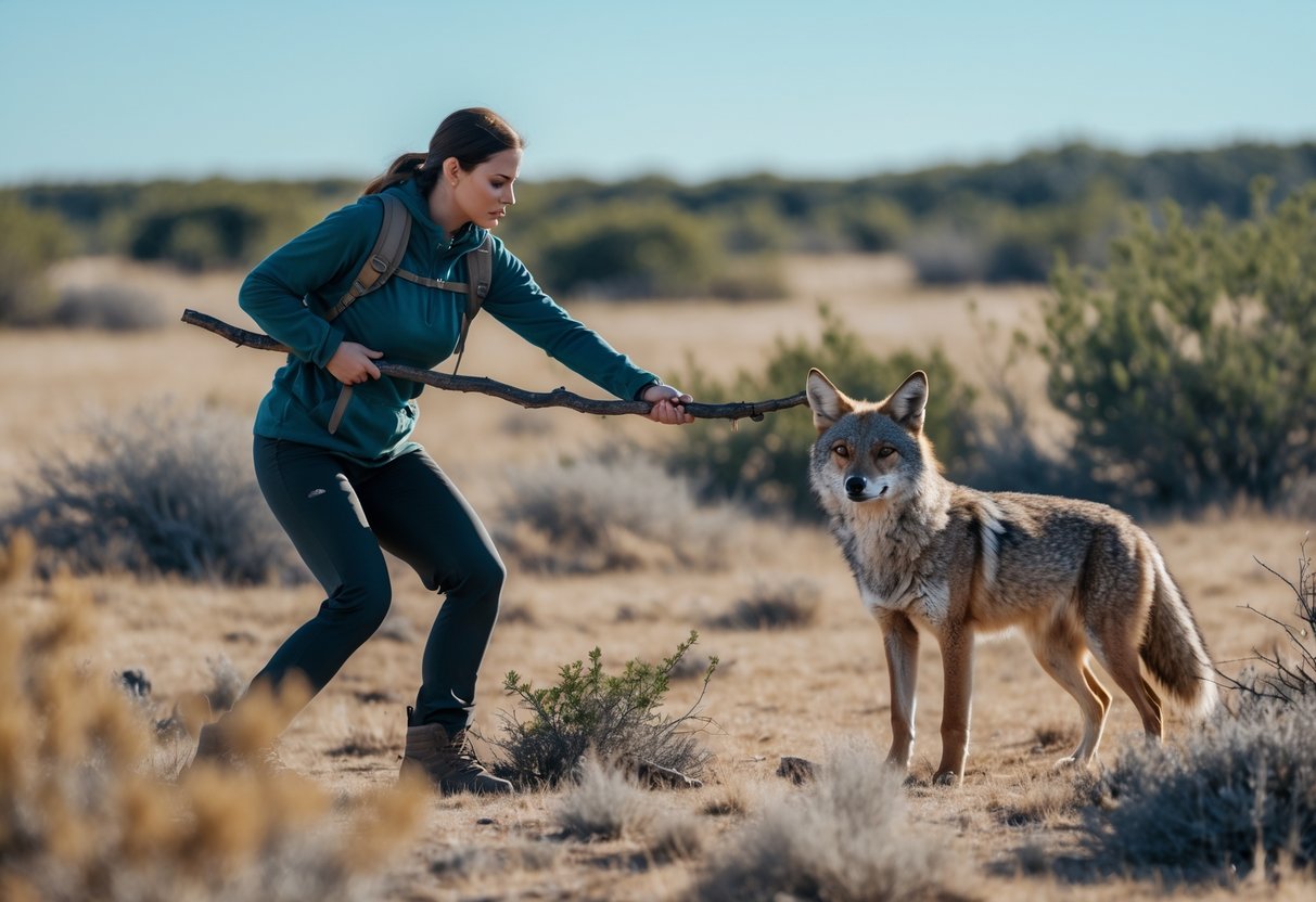 A person in outdoor clothing holding a walking stick defensively near a cautious coyote in a natural wilderness setting.
