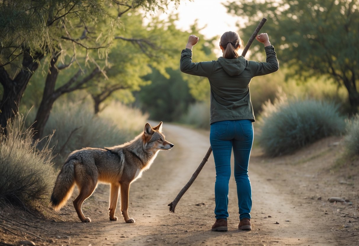 A person standing firmly with raised arms facing a cautious coyote in a natural outdoor setting.