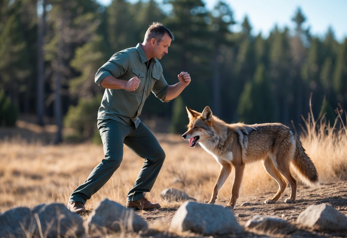 A man in casual clothes stands defensively facing a snarling coyote in a natural outdoor setting.