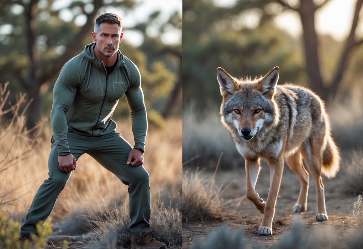 A fit adult man and a wild coyote face each other in a natural outdoor setting, both appearing alert and ready.