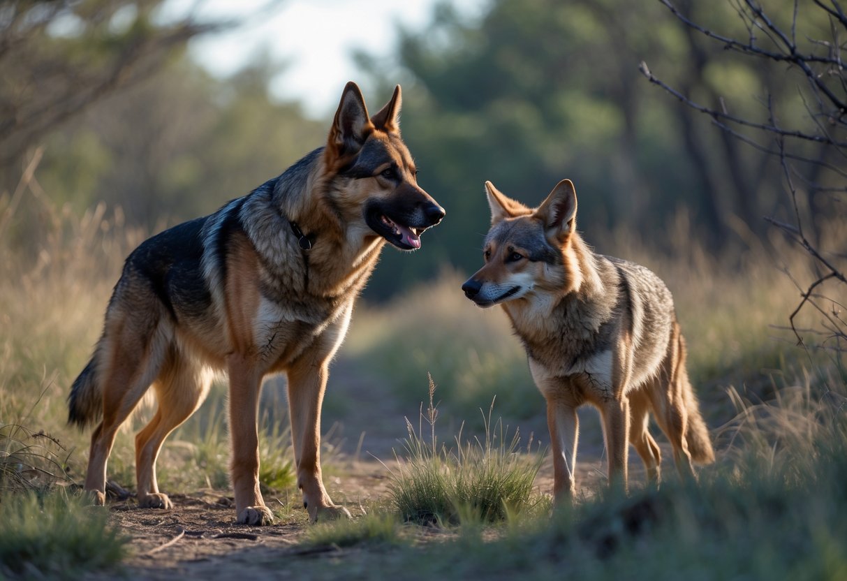 A German shepherd and a coyote face each other in a natural outdoor setting, appearing tense and alert.