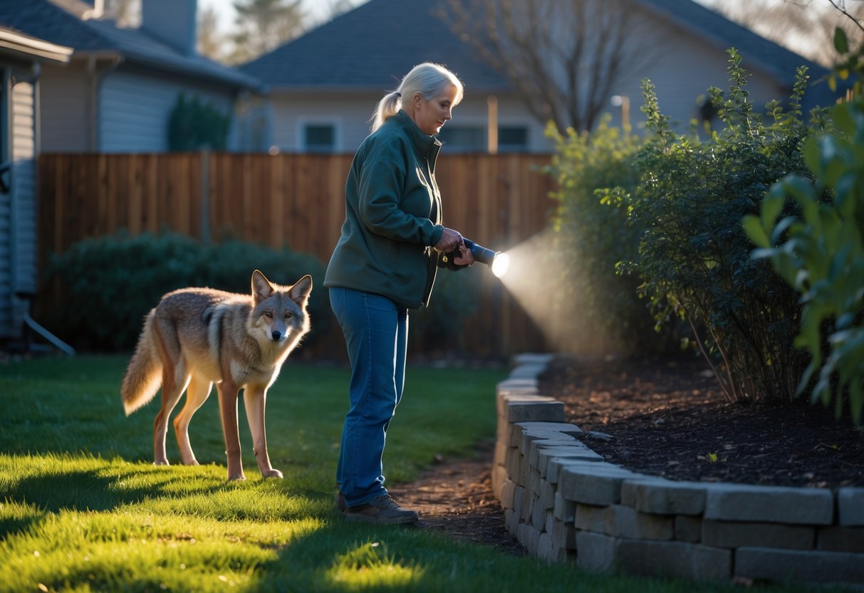 A person in a backyard using a flashlight and whistle to scare away a cautious coyote near bushes.