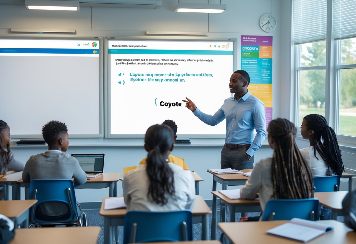 A teacher in a classroom gestures toward a digital whiteboard while students attentively listen during a language lesson.