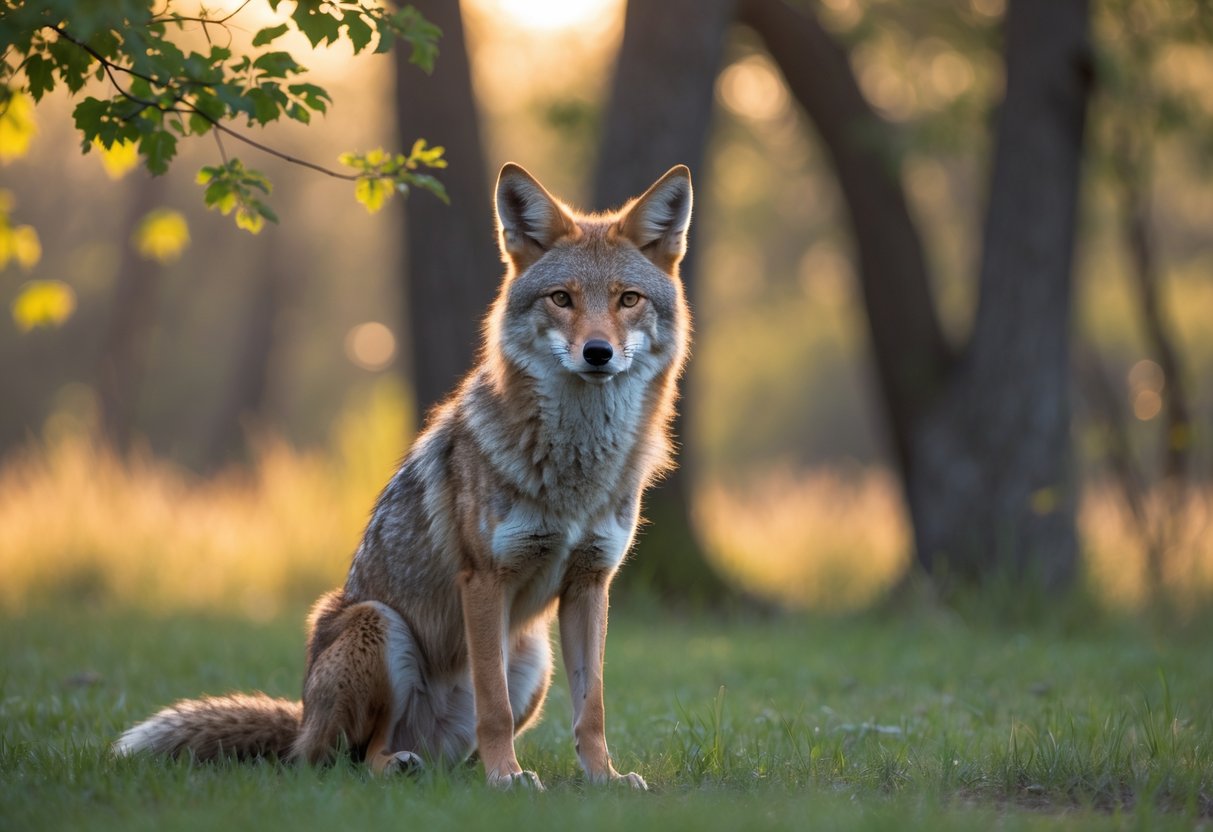 A coyote sitting calmly in a grassy field with trees in the background.