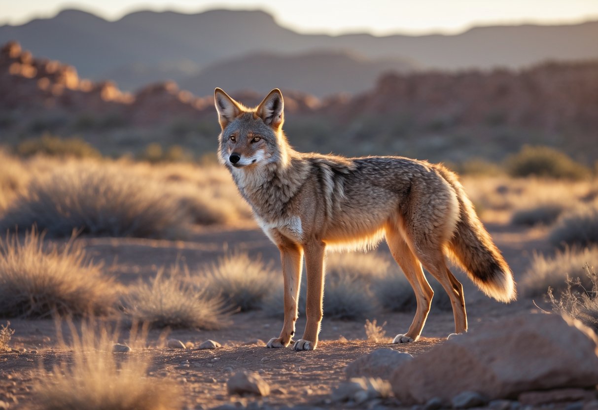 A wild coyote standing alert in a desert landscape with dry grasses and hills in the background under warm sunlight.