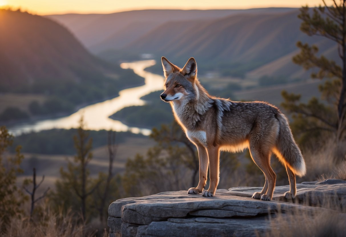 A coyote stands alert on a rocky outcrop overlooking a river valley at sunset with hills and trees in the background.