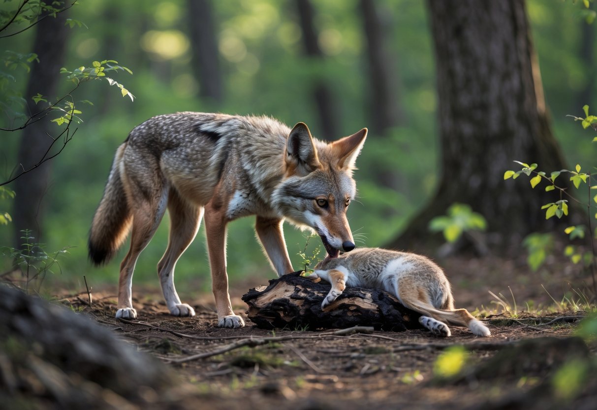 A wild coyote urinating on the carcass of a small prey animal in a forest setting.